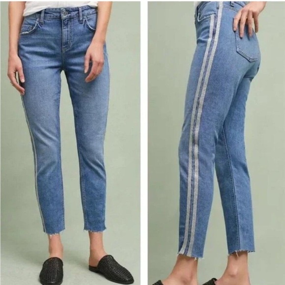 Anthropologie Pilcro Slim Straight Silver Metallic Racer Stripe Jeans - Picture 1 of 9